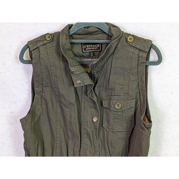 C Esttoi Women size M Vest Green Army Button Up Zip Waist Sherpa Lining Jacket - Picture 2 of 13
